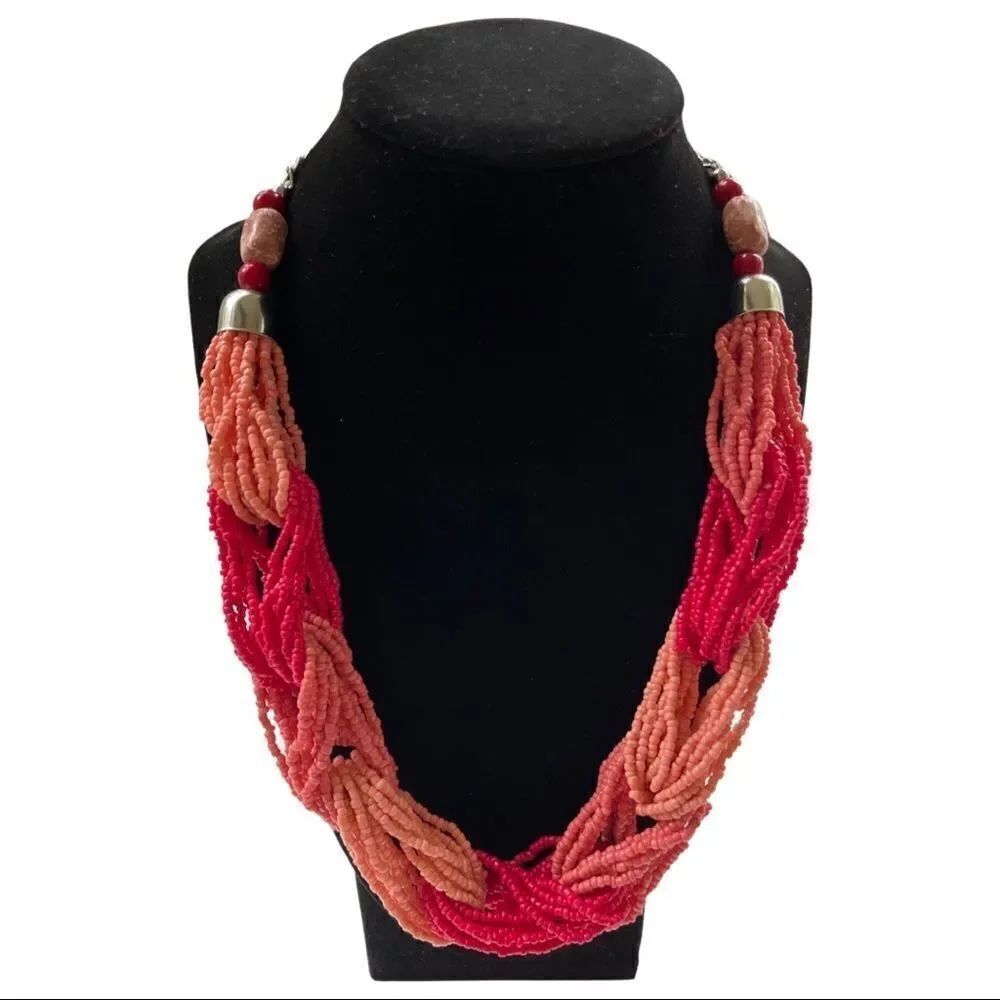 Multi Strand Intertwined Seed Bead Statement Necklace • Coral Tones • NWOT